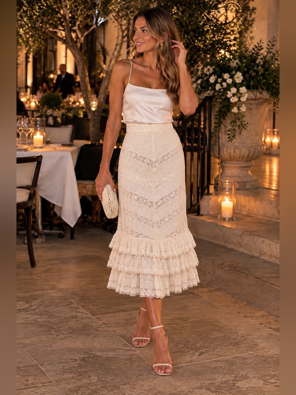Zimmermann Veneto Perennial White/Ivory Lace Ruffle Midi Skirt Sz 2 Fits US 6